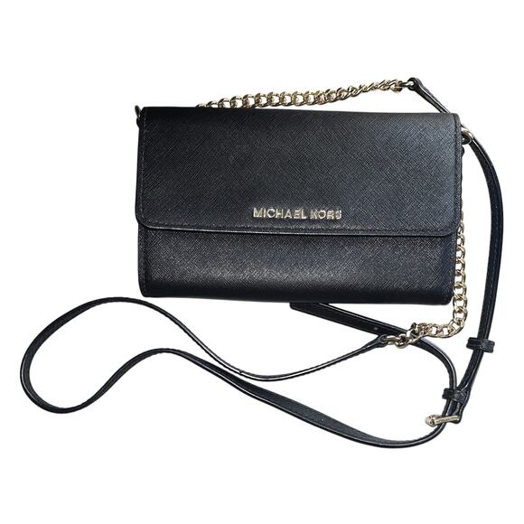 Michael Kors Jet Set Pebbled Leather Smartphone Black Crossbody Authenticated - Picture 1 of 15